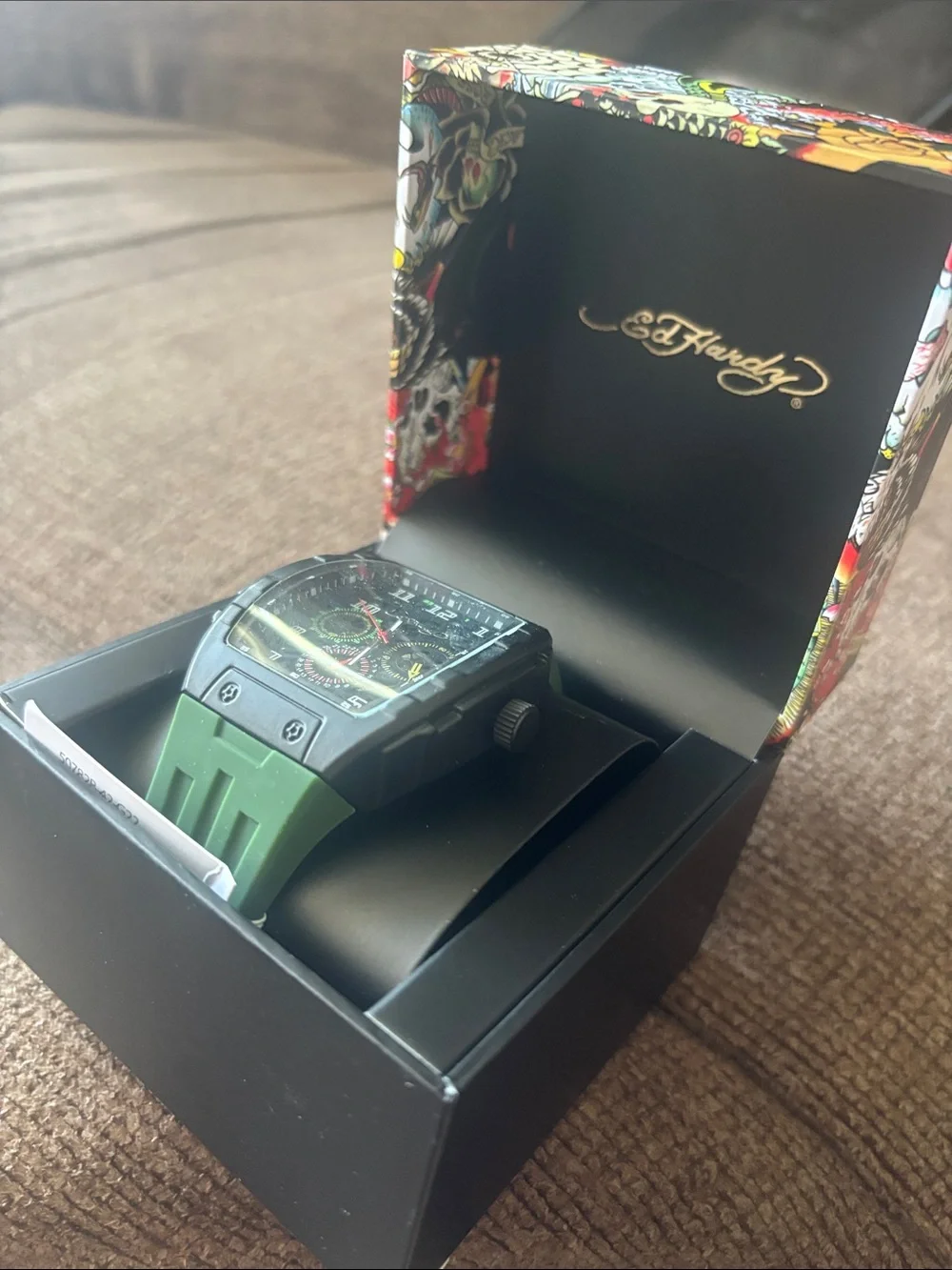 Ed Hardy Black Case Green Strap Men's Chronograph style Watch